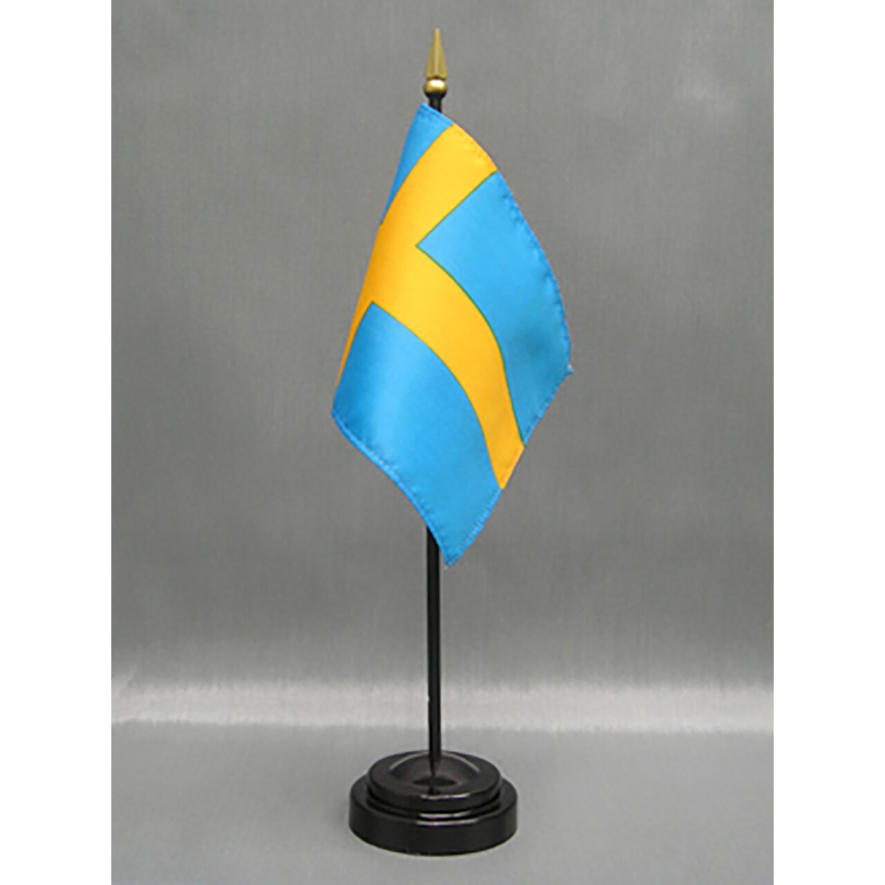 Sweden Desk Flag with Base; American Made Rayon 4x6 inch Miniature Table Set Includes One Small Mini Country Stick Flags and One Black Stand